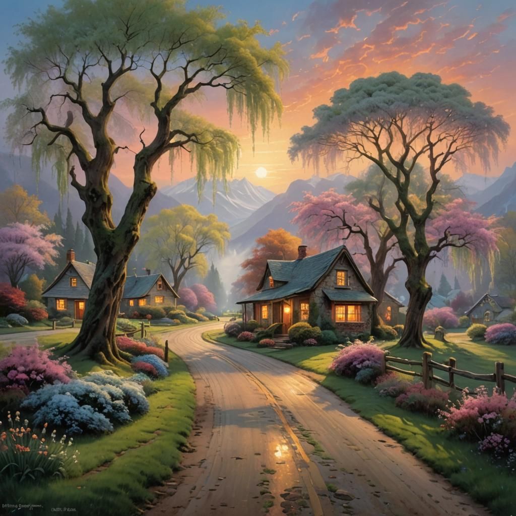 Idyllic Valley Road at Sunset in Dreamlike Style