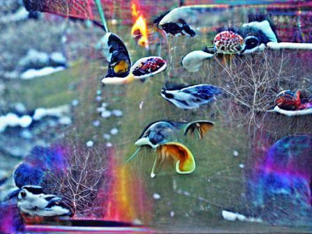Psychedelic Winter Bird Feeding Scene