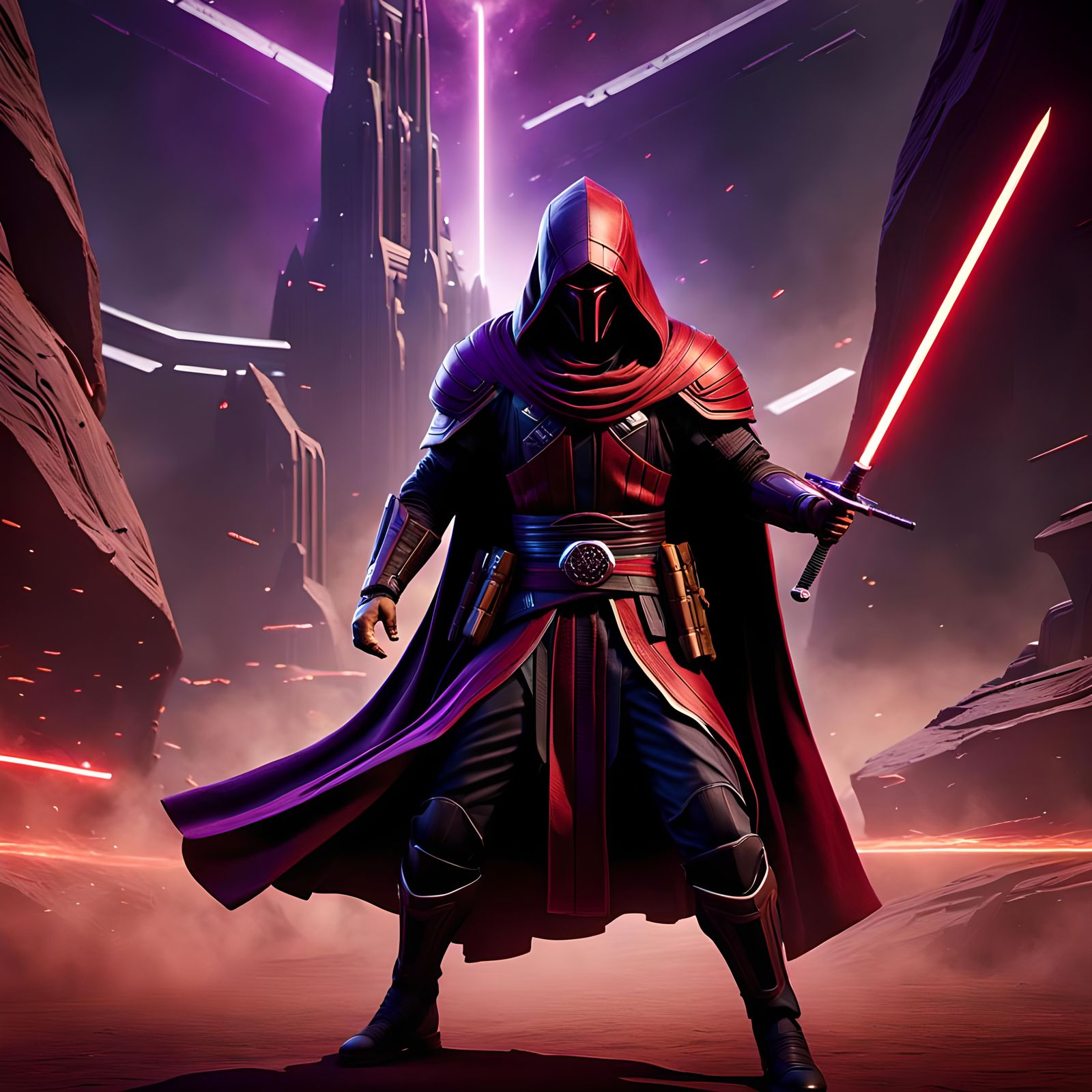 Detailed Darth Revan with Lightsabers in Hyperrealism