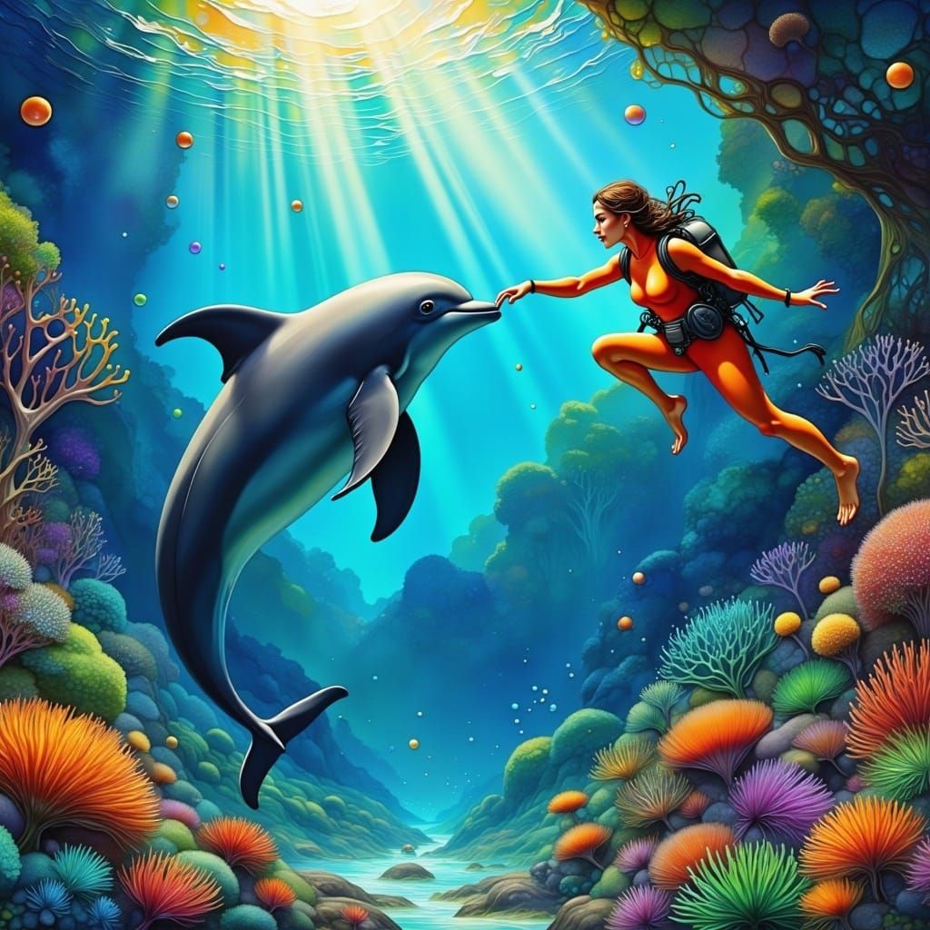 Diver and Dolphin in Fantasy Ocean Art