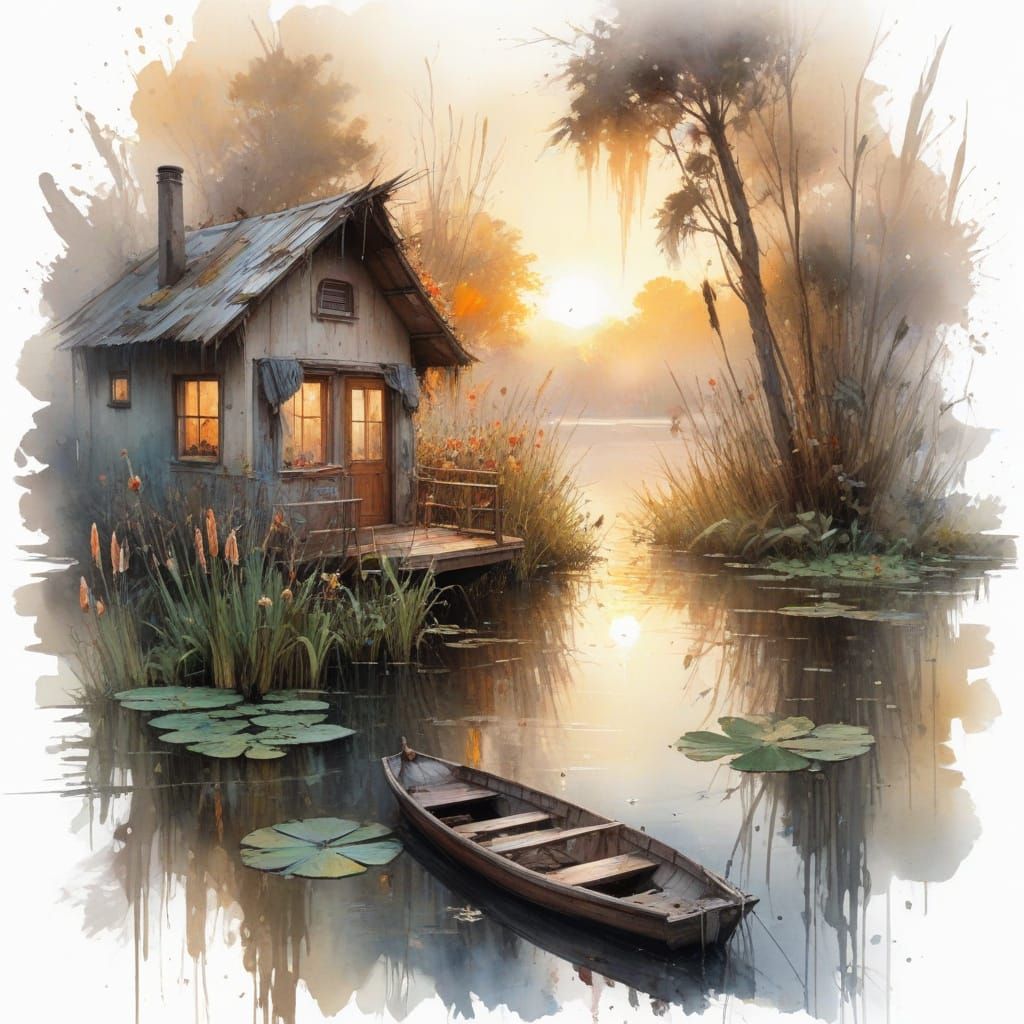 Dreamy Houseboat on Misty Lake: Watercolor Painting