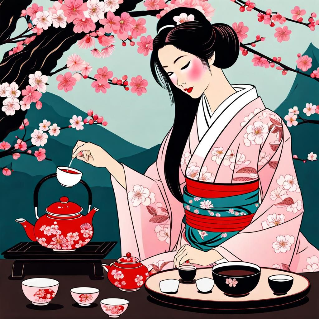 Japanese Woman in Kimono Preparing Tea