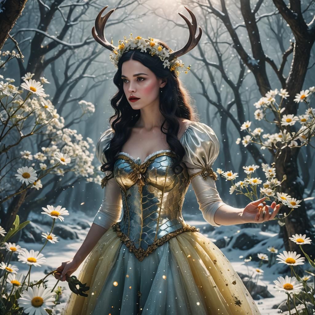Snow White Space Mermaid with Daisies: Cinematic Still