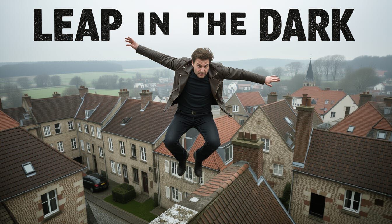 Man's Rooftop Leap in Graphic Novel Style