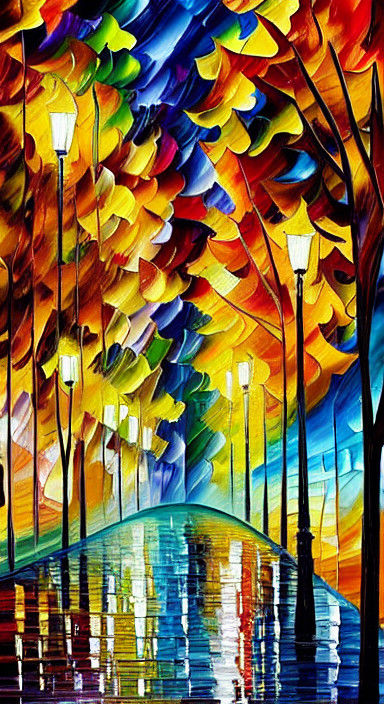 Autumn Nighttime Alley in Neo-Impressionist Style