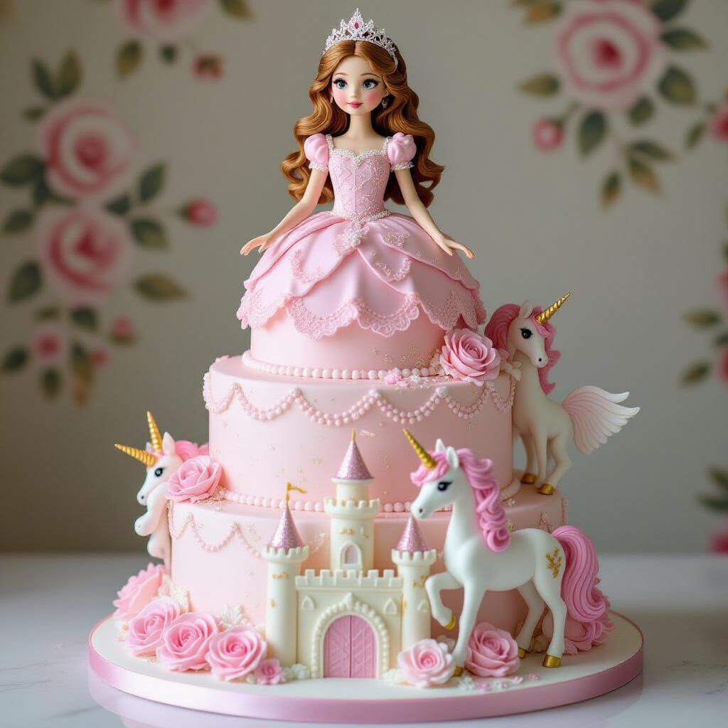 8 Tier Princess Cake with Unicorn and Castle Details