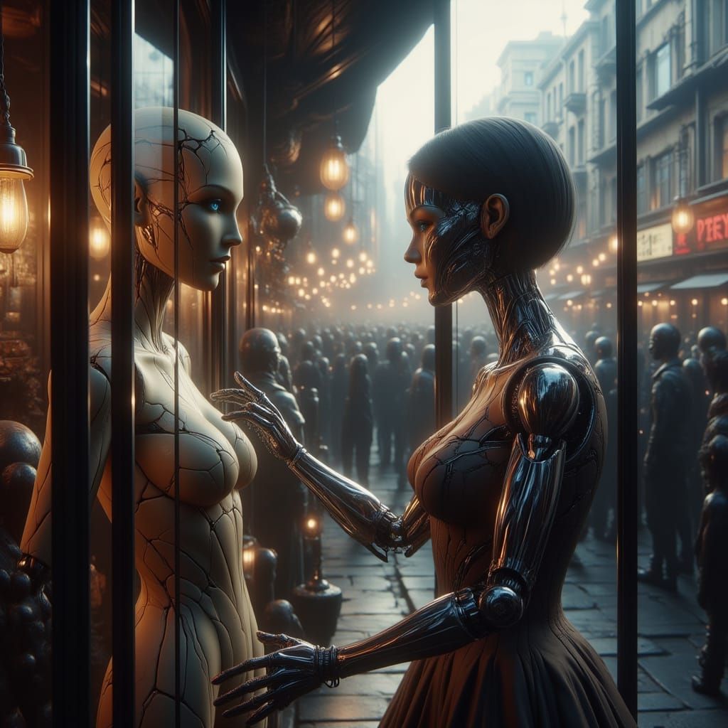 Robot Mannequin Dresses Wooden Mannequin in Busy Street Scen...