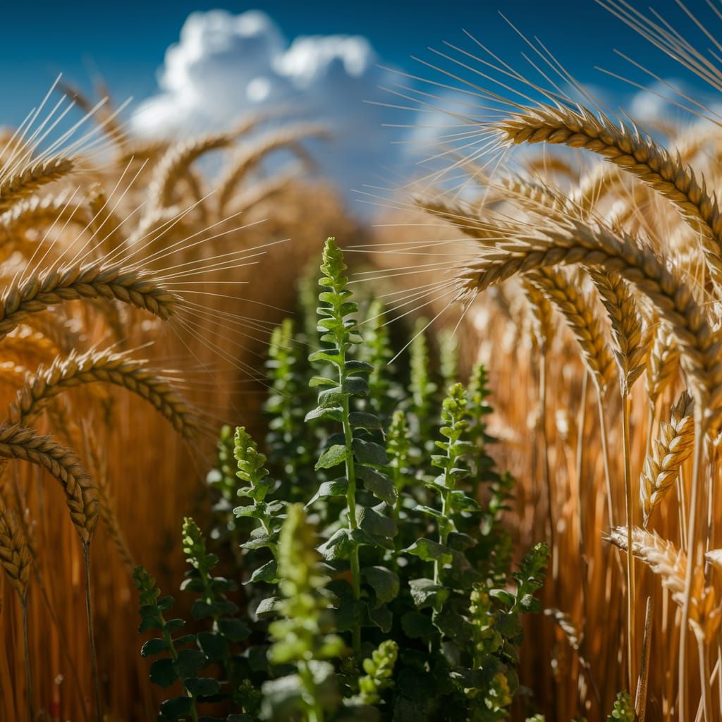Vibrant Weeds Amidst Golden Wheat in a Sunlit Field