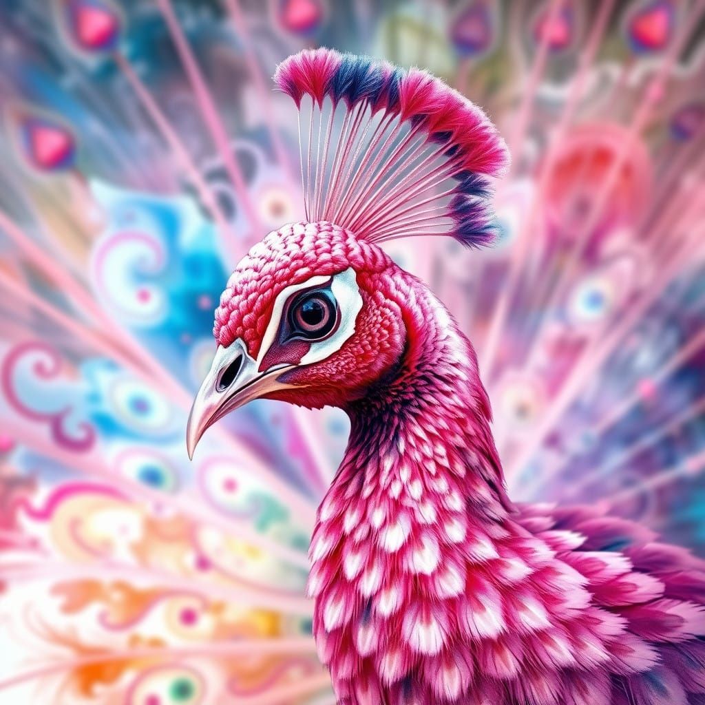 Dreamy Pink Peacock in Whimsical Watercolour Style
