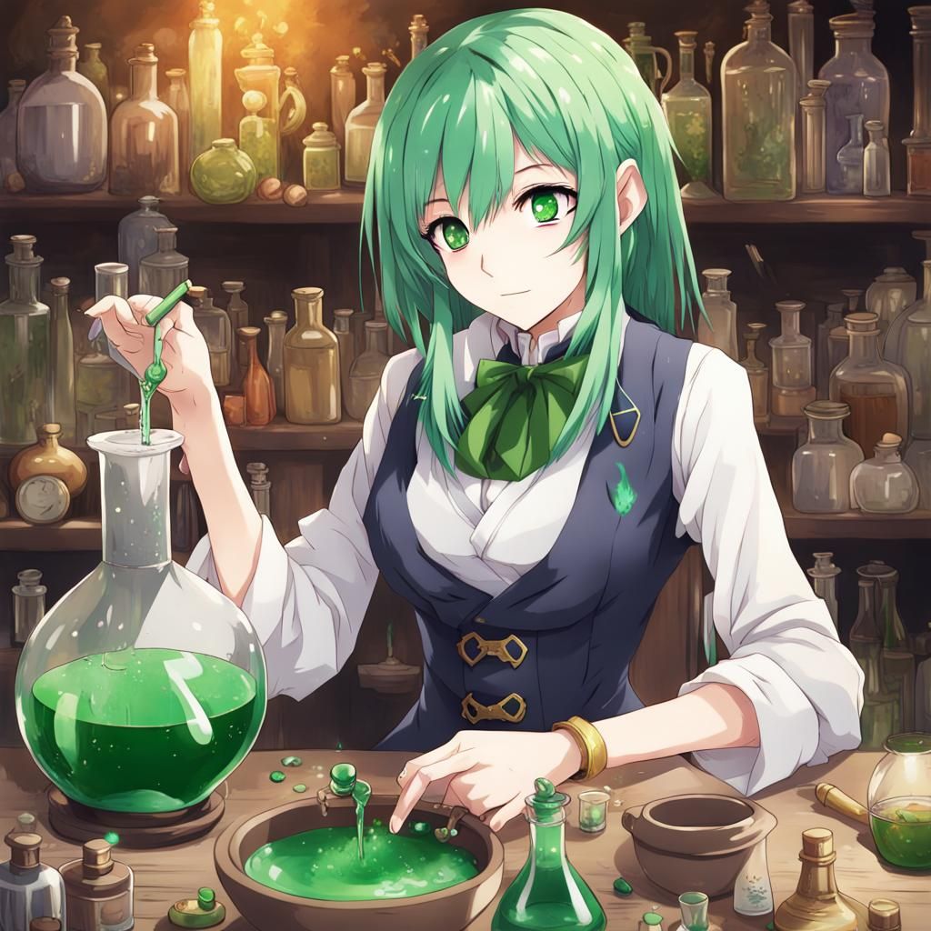 Anime Alchemist Girl Brewing Potions in Laboratory