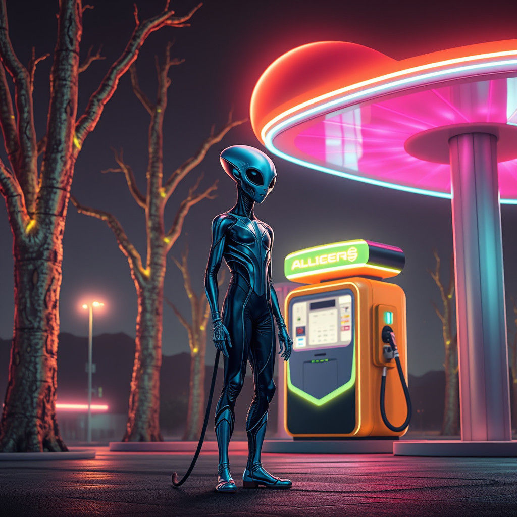 Alien Gas Station with Bioluminescent Trees