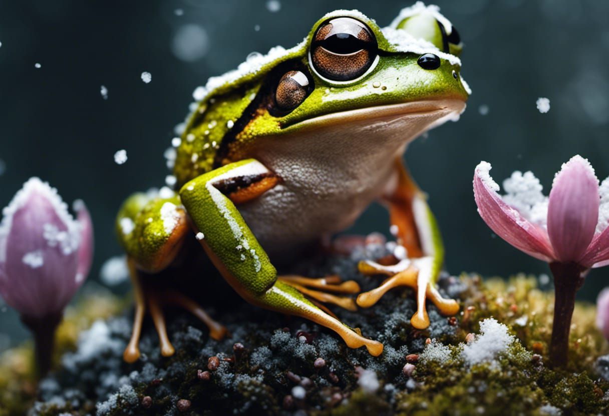 Frozen Frog Portrait in Snowy Spring Forest