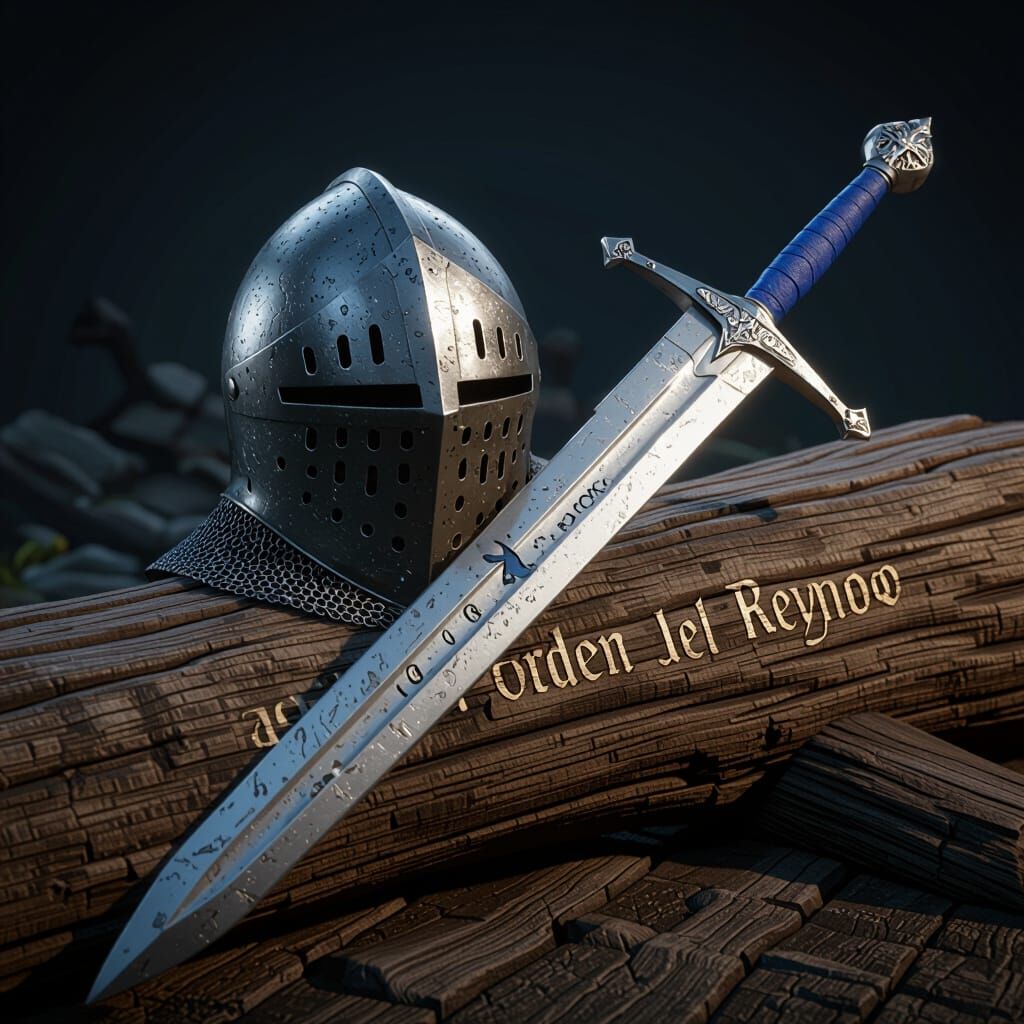 Fantasy Knight Helmet and Silver Sword on Log