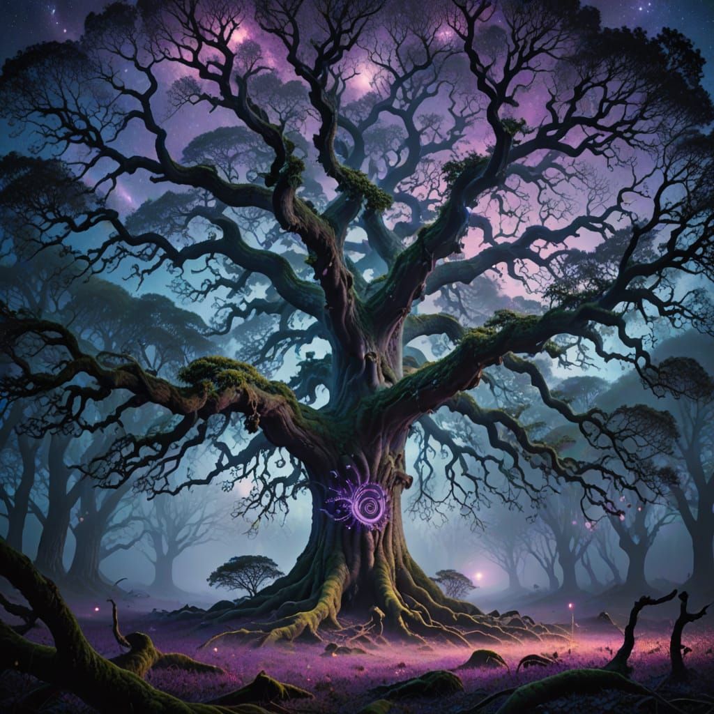 Ancient Oak Tree with Glowing Runes in Misty Forest