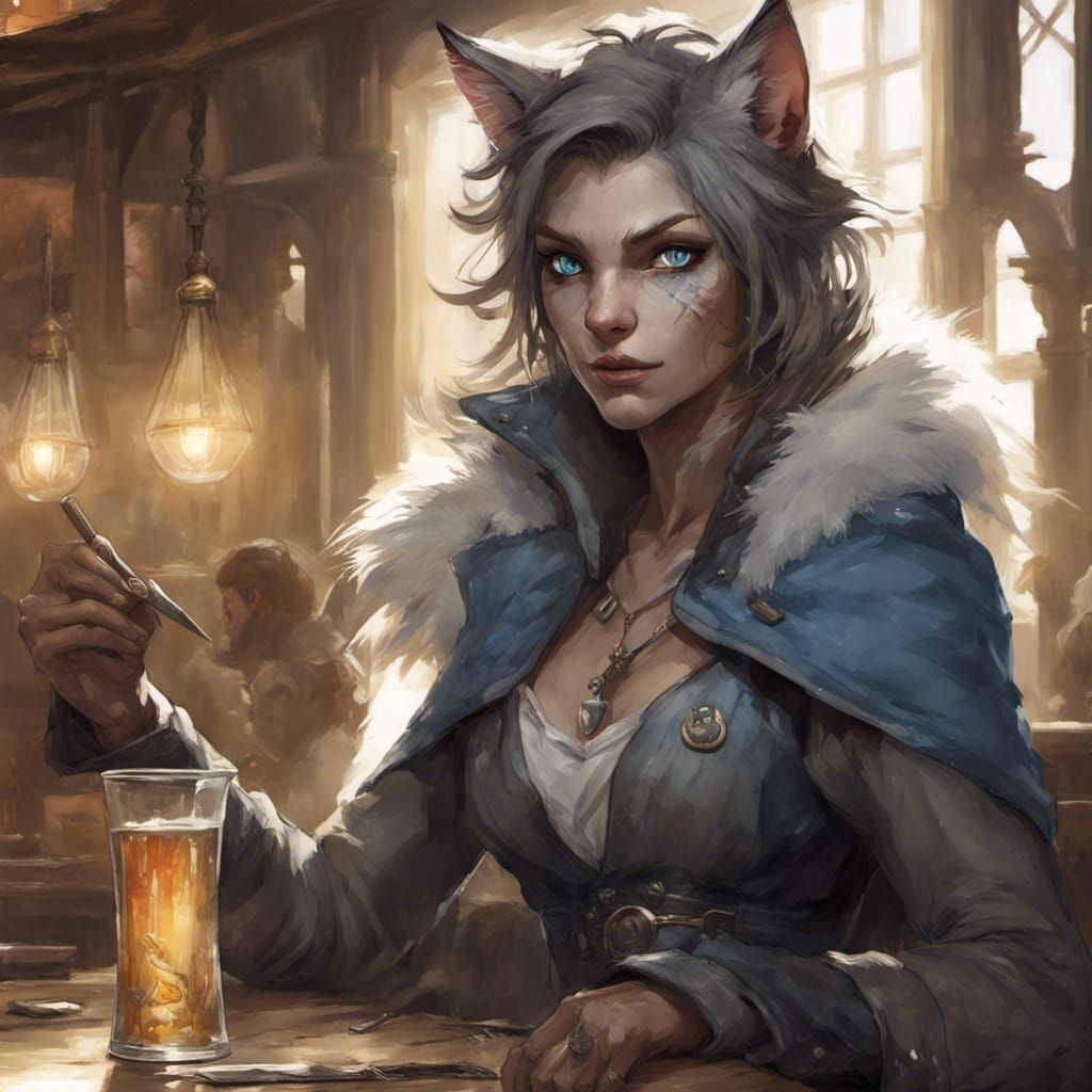 Tabaxi Rogue in Tavern, Digital Art Portrait