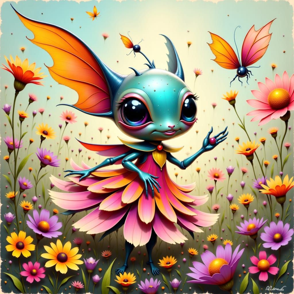 Mischievous Alien Chasing Butterfly: Dreamlike Art
