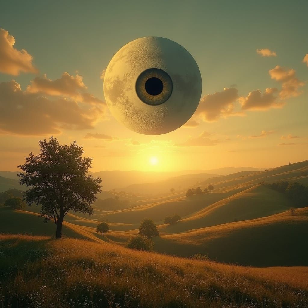 Surreal Sunset Landscape with Giant Eyeball Moon