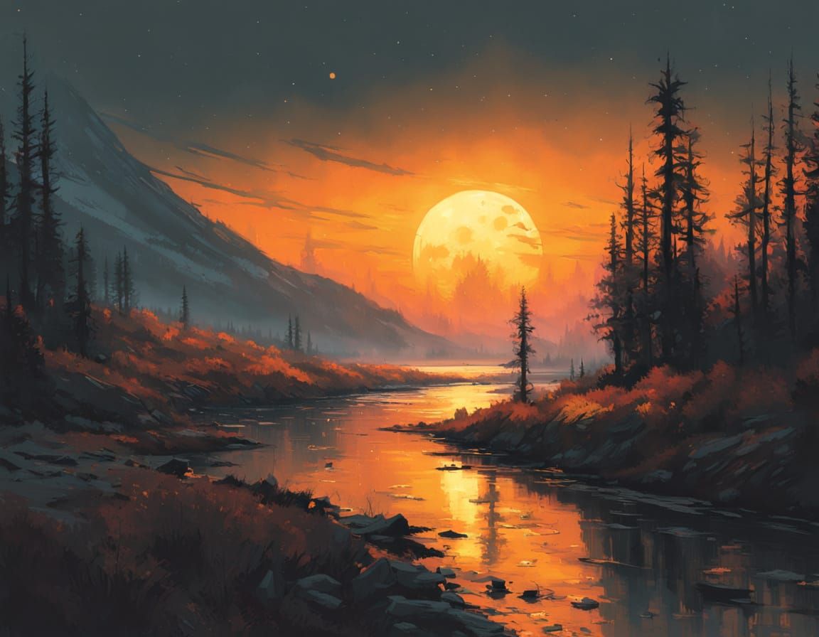 Majestic Tree Under Harvest Moon with Shooting Stars