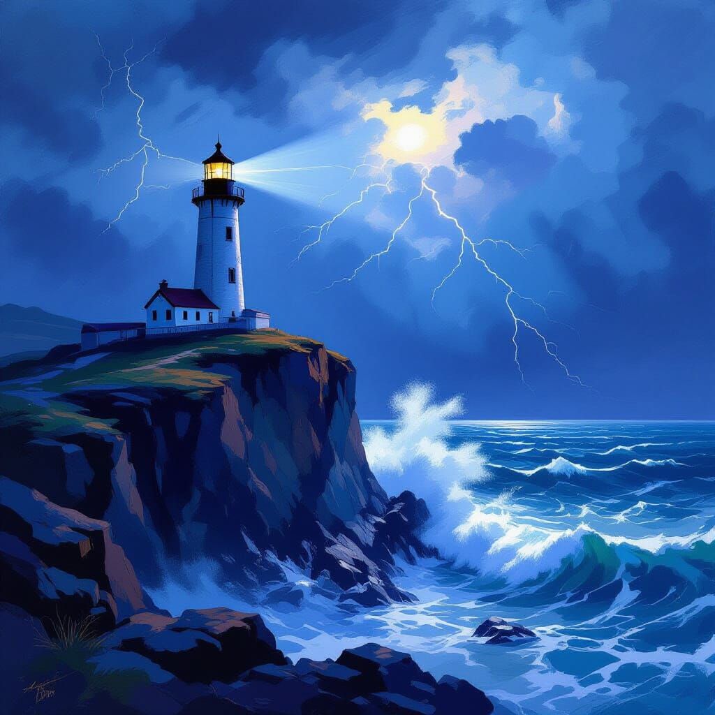Lighthouse in Stormy Seas, Romanticism Art Style