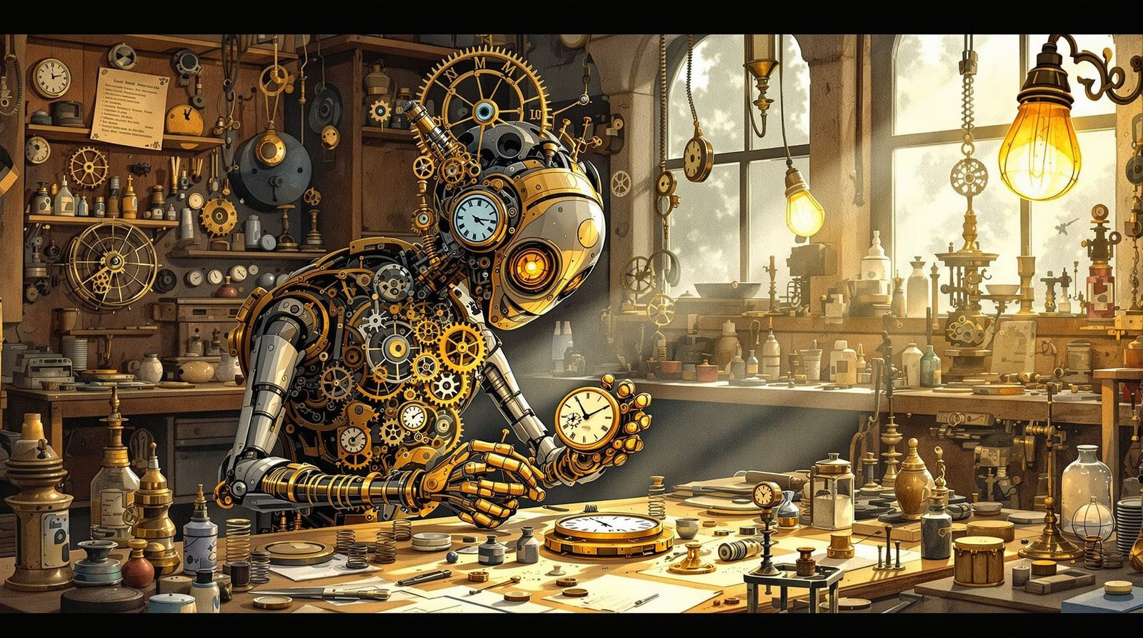 Clockwork Automaton Crafts Pocket Watch in Steampunk Waterco...
