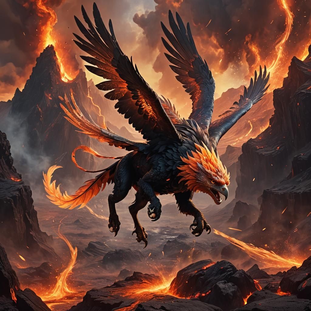 Pyraquill Griffin Soaring Through Volcanic Landscape