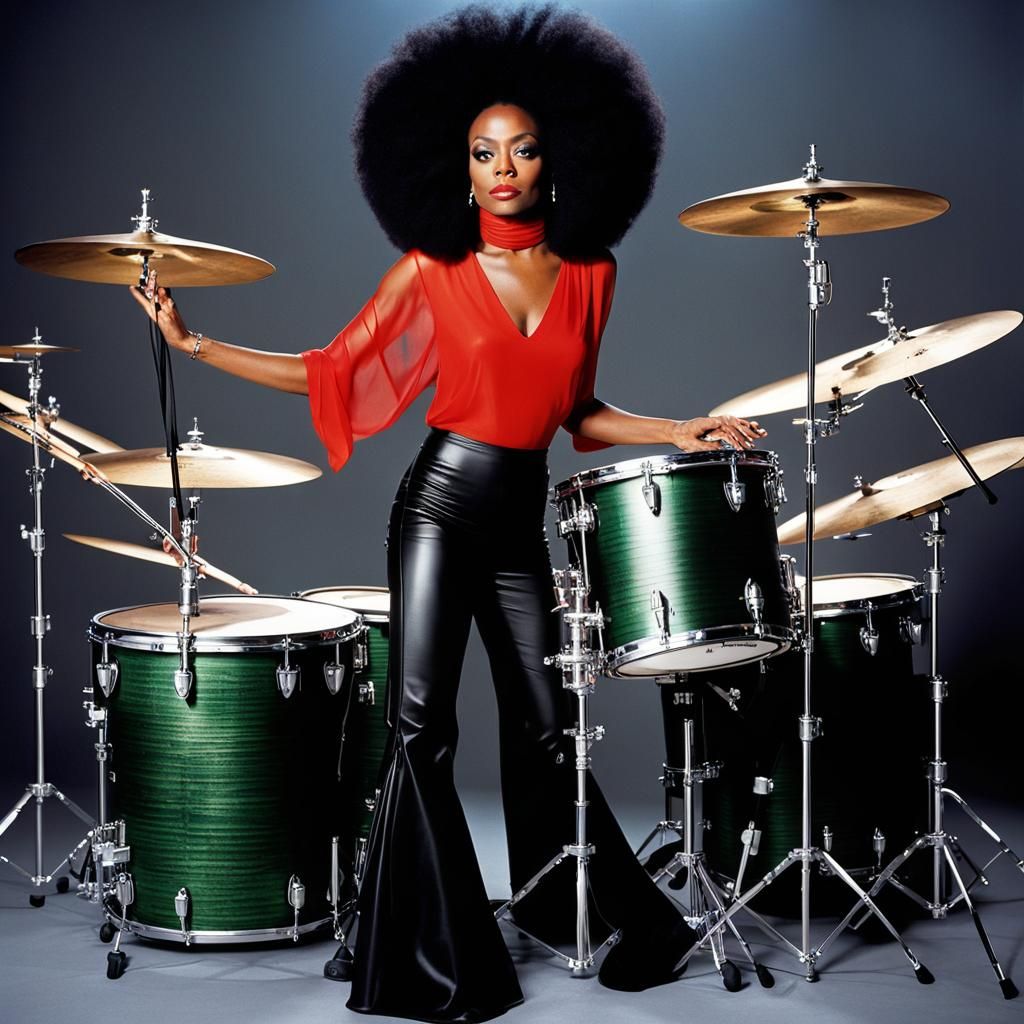 Diana Ross-esque Drummer and Singer in 70s Disco Style