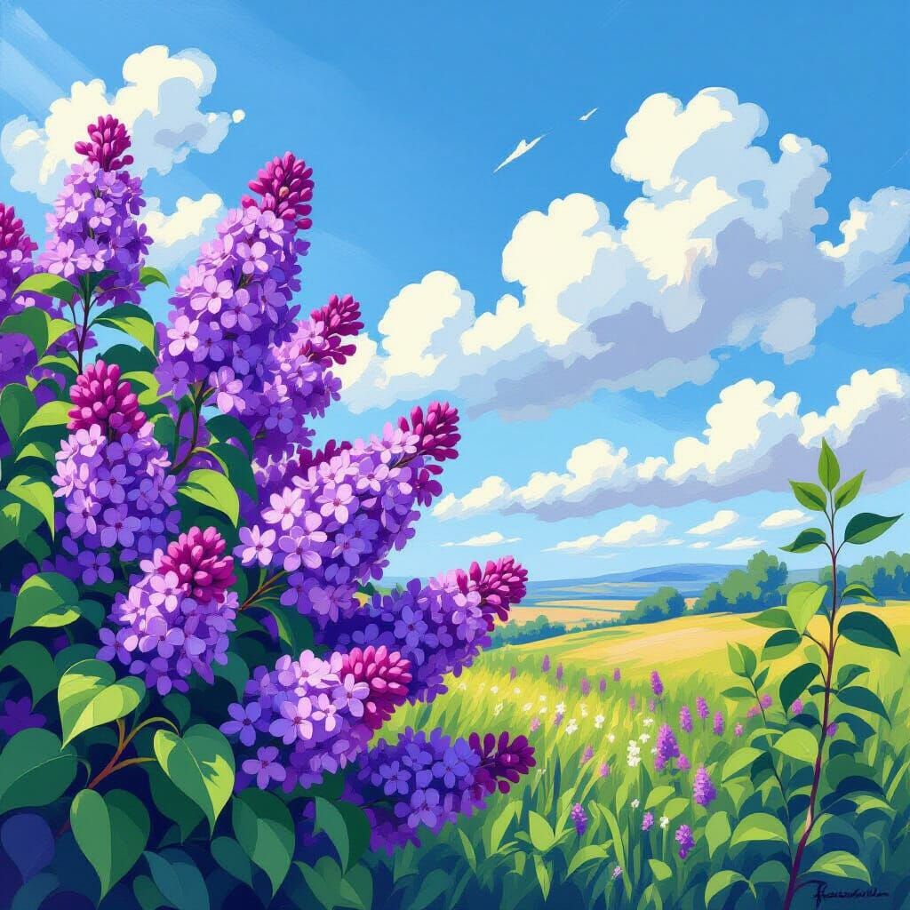 Purple Lilacs Bloom in Impressionist Style