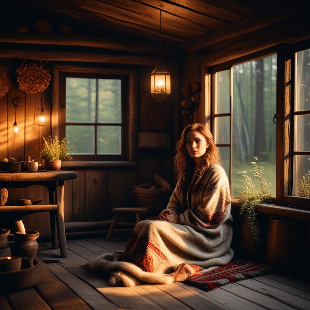 Slavic Woman in Rustic Cabin: Realistic Photo