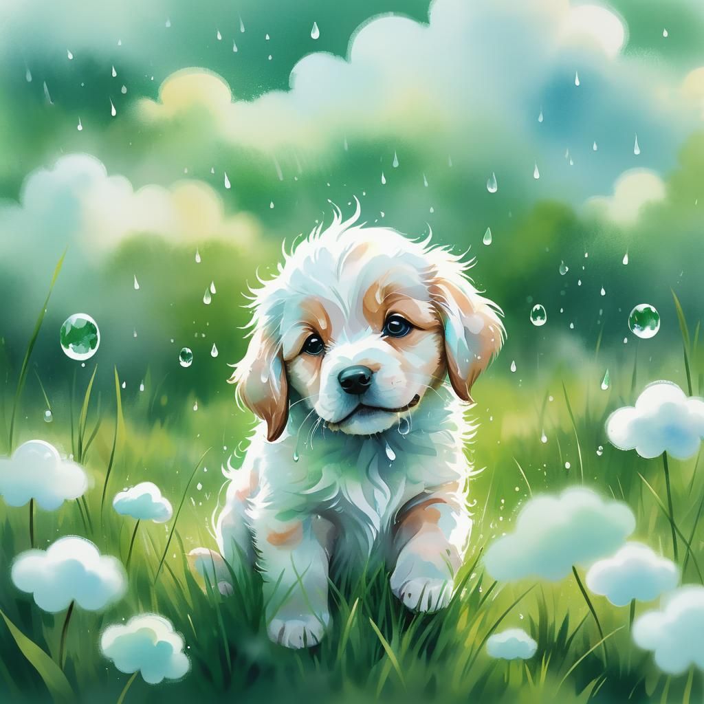 Puppy Holds a Cloud in Watercolor Meadow