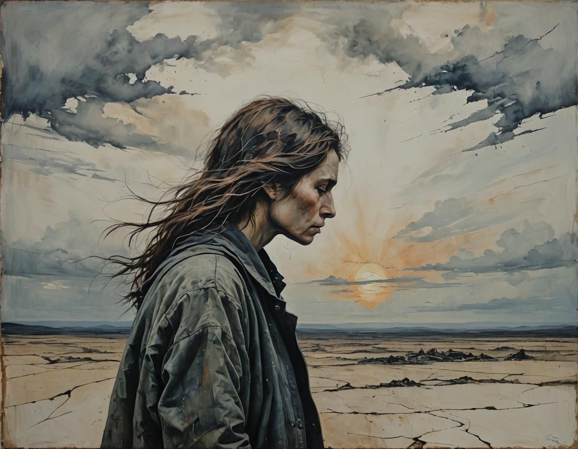 Woman in Despair at the Horizon: Mixed Media Art
