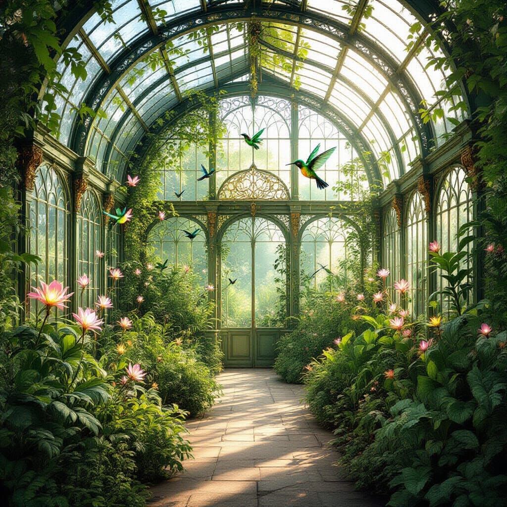 Overgrown Greenhouse with Bioluminescent Plants and Mechanic...