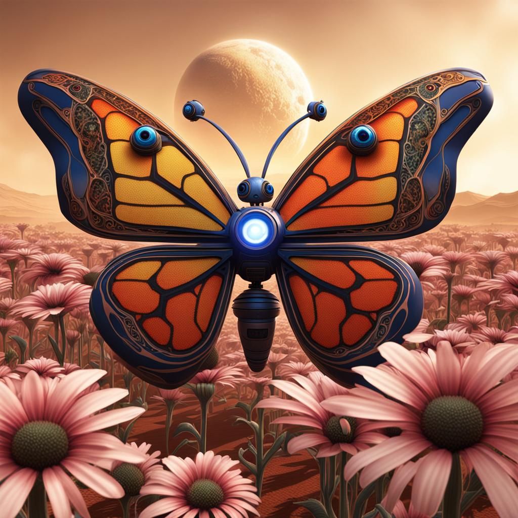 Robotic Butterfly Over Martian Flowers: Biometric Art