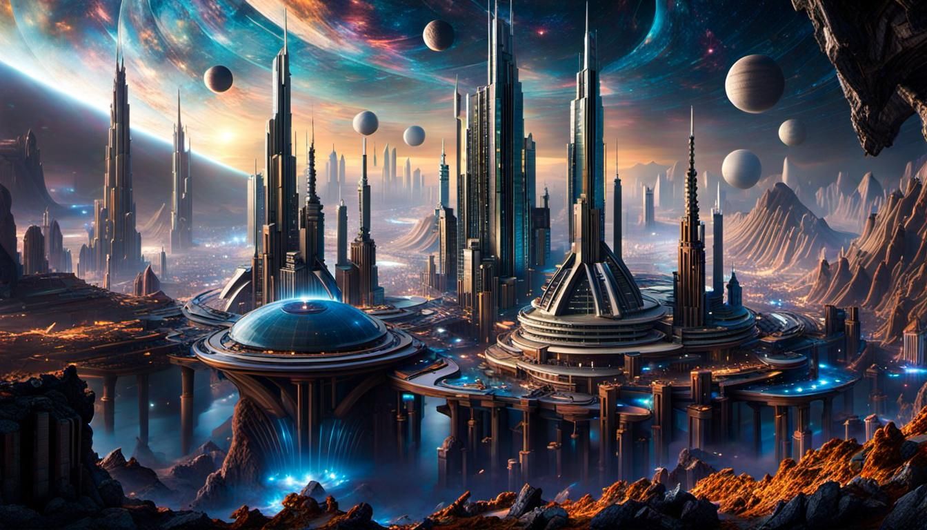 Ethereal Alien Cityscape with Vibrant Nebula Background