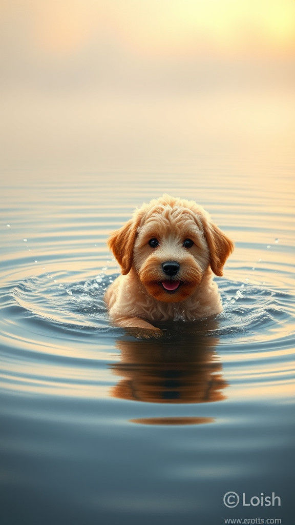 Golden Doodle Puppy in Misty Dawn Waters
