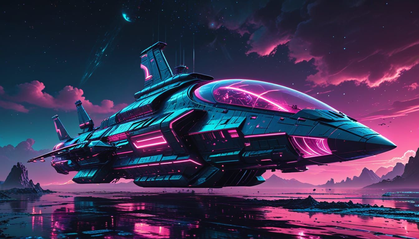 Gleaming Futuristic Phoenician Spaceship in Neon Cosmos
