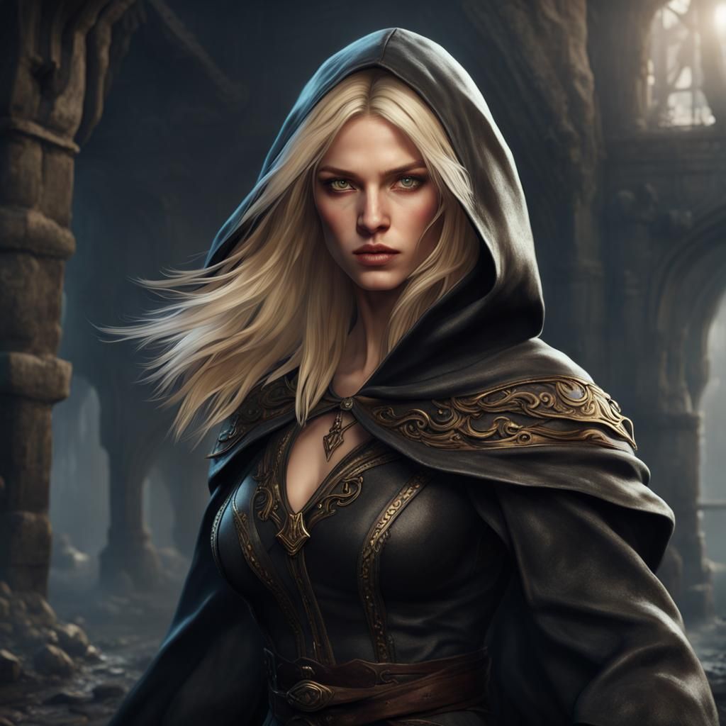 Blonde Fighter in Hooded Cloak: Fantasy Concept Art