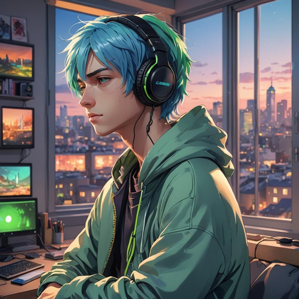 Anime Boy with Headphones in Cozy Futuristic Room