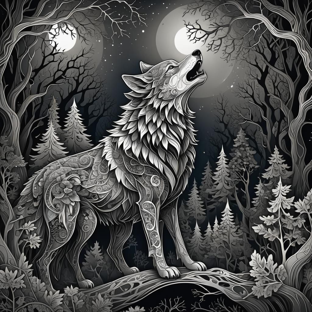 Wolf Howling in Dark Forest with Abstract Elements