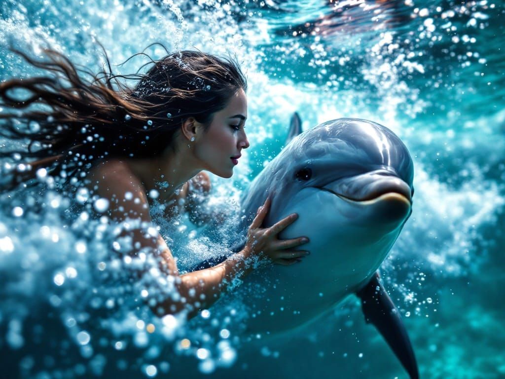 Underwater Portrait of a Dark-Blonde Woman with a Dolphin