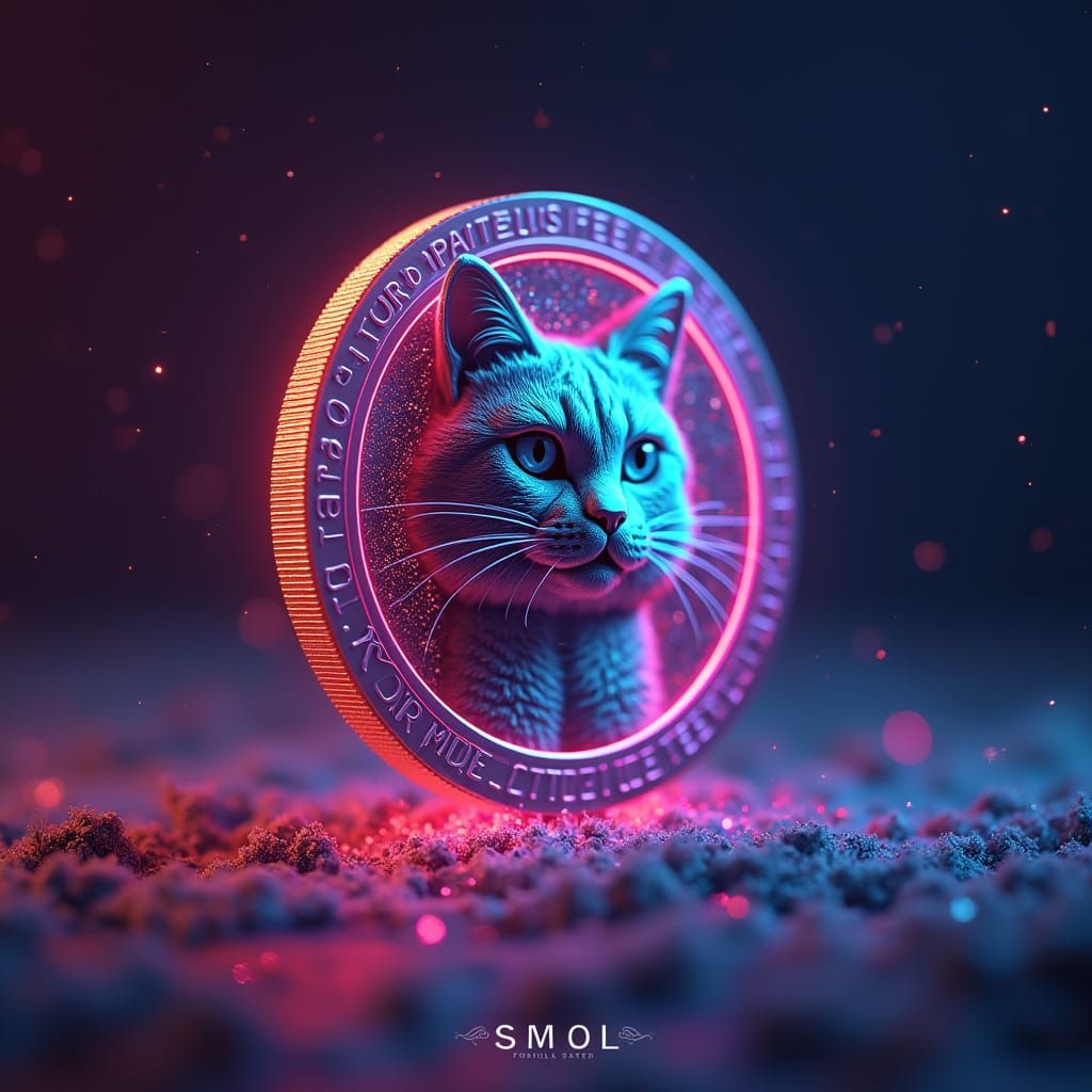 Cosmic Cat Coin with Neon Glow and SMOL Text