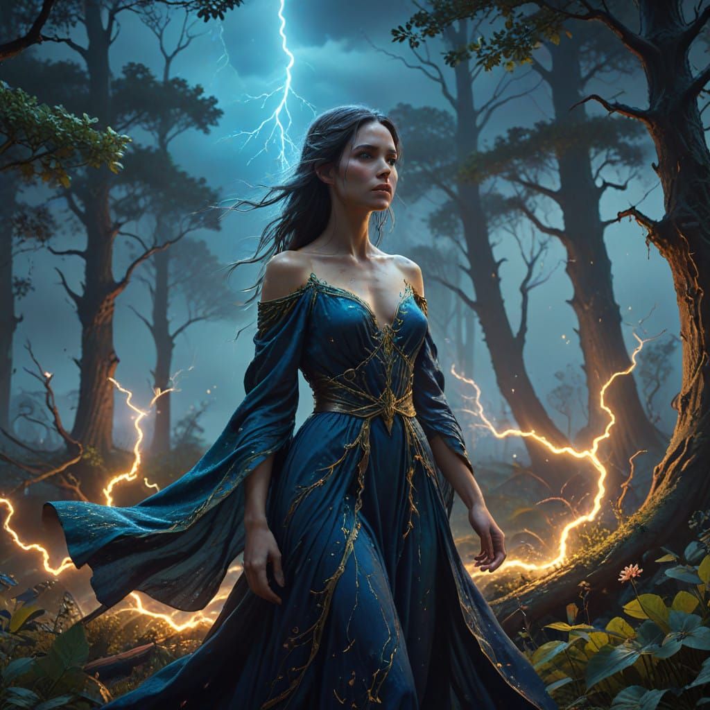Ethereal Goddess Amidst Tempestuous Nighttime Forest