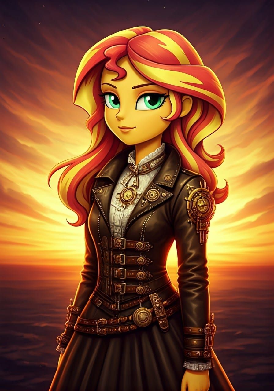 Steampunk Sunset Shimmer in Leather Jacket, 8K Art