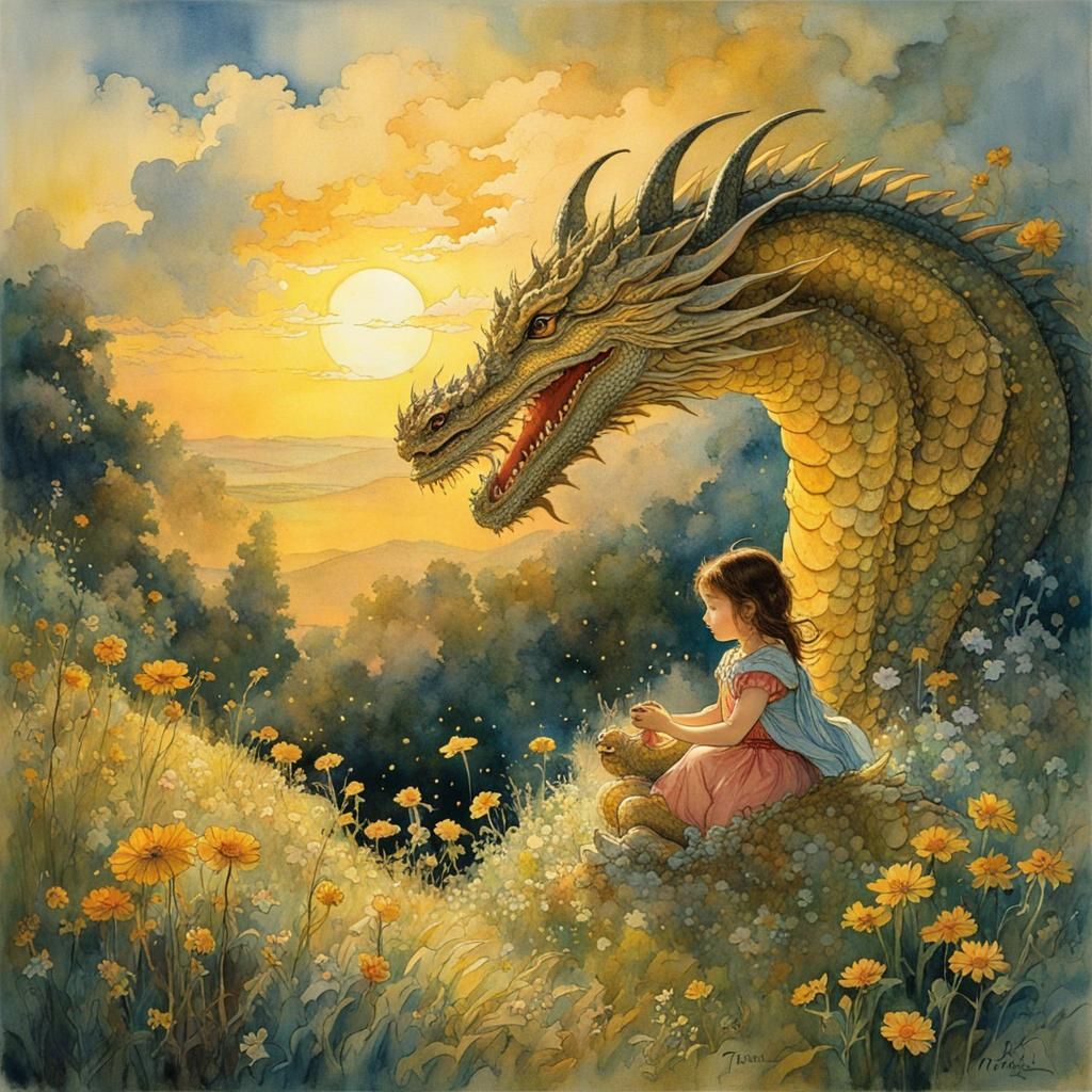 Girl and Golden Dragon in Dreamy Watercolor Meadow