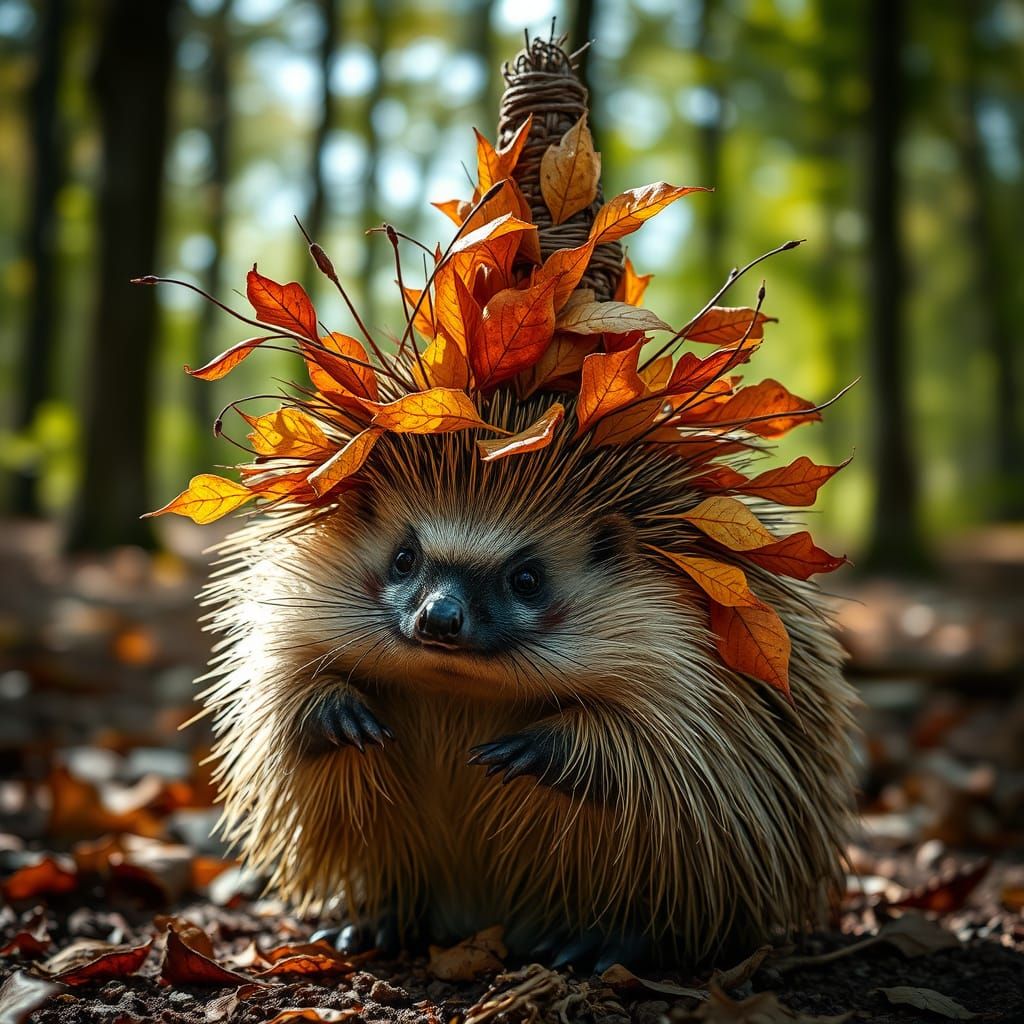 Majestic Hedgehog Wears Autumn Leaf Hat