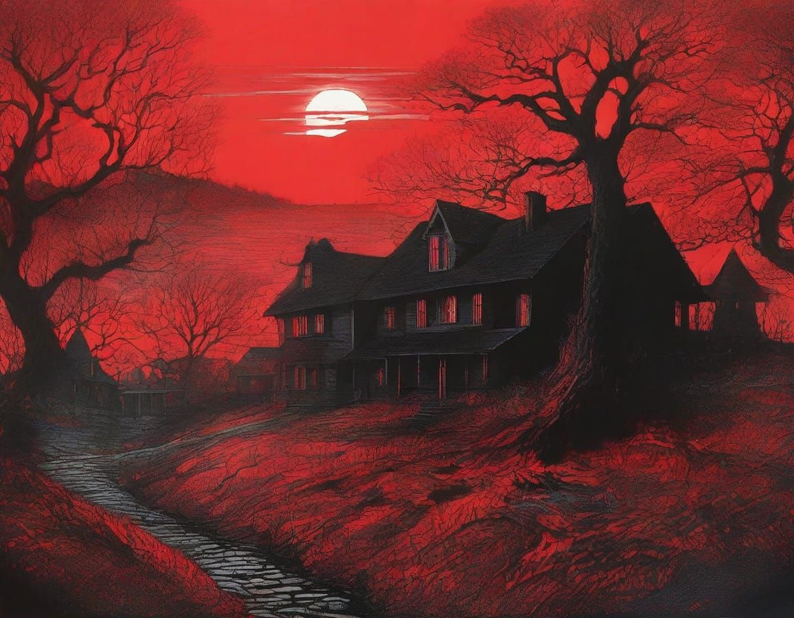 Ominous Horror Landscape in Detailed Ink and Acrylic Style
