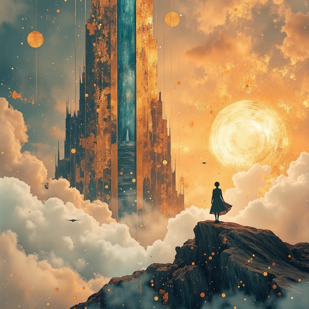 Majestic Sky City Sunrise in Ethereal Style