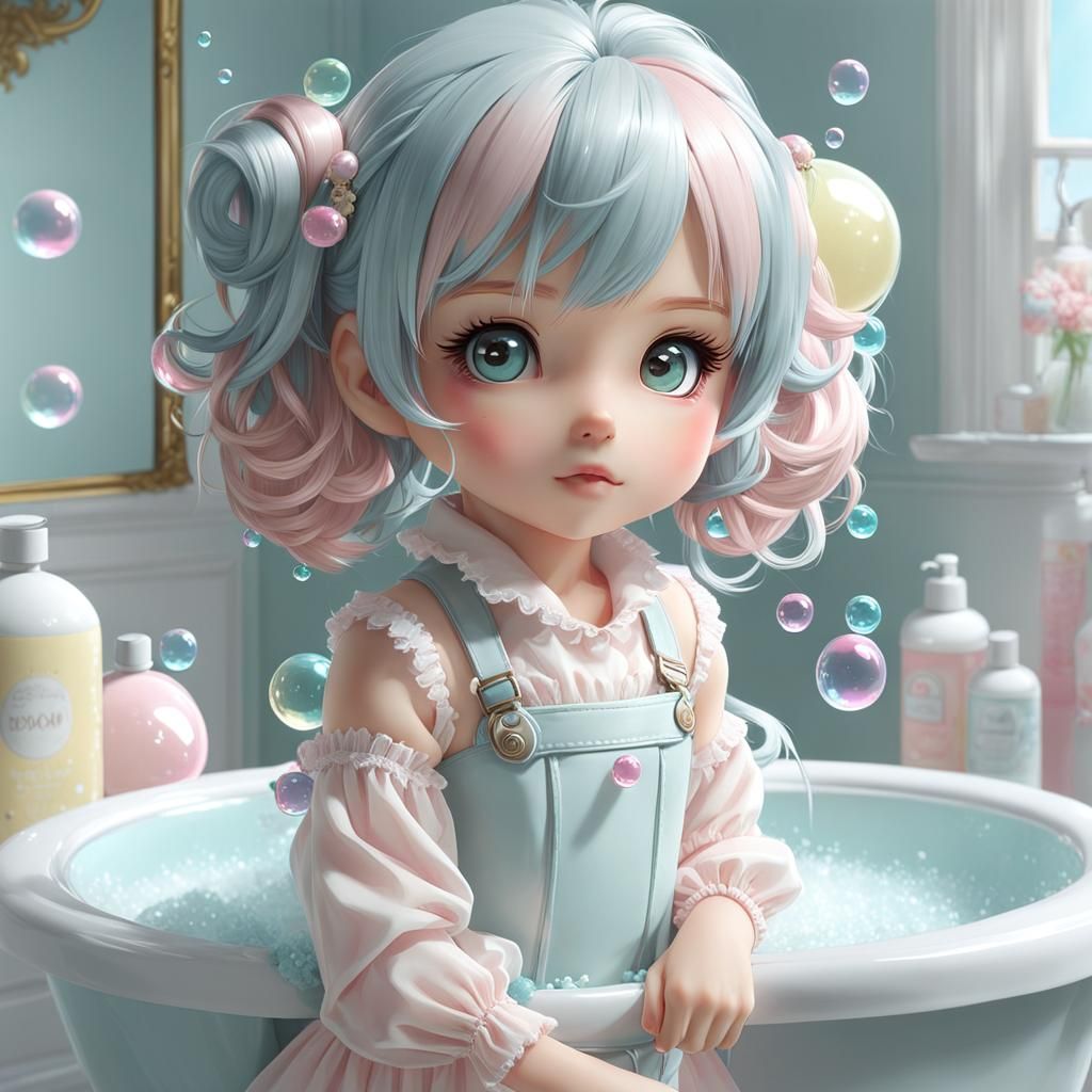Pastel Kawaii Doll with Bubbles and Soft Lighting
