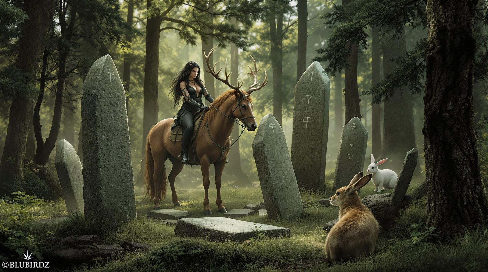 Earth Goddess Maneuvering Runestones in Magical Forest