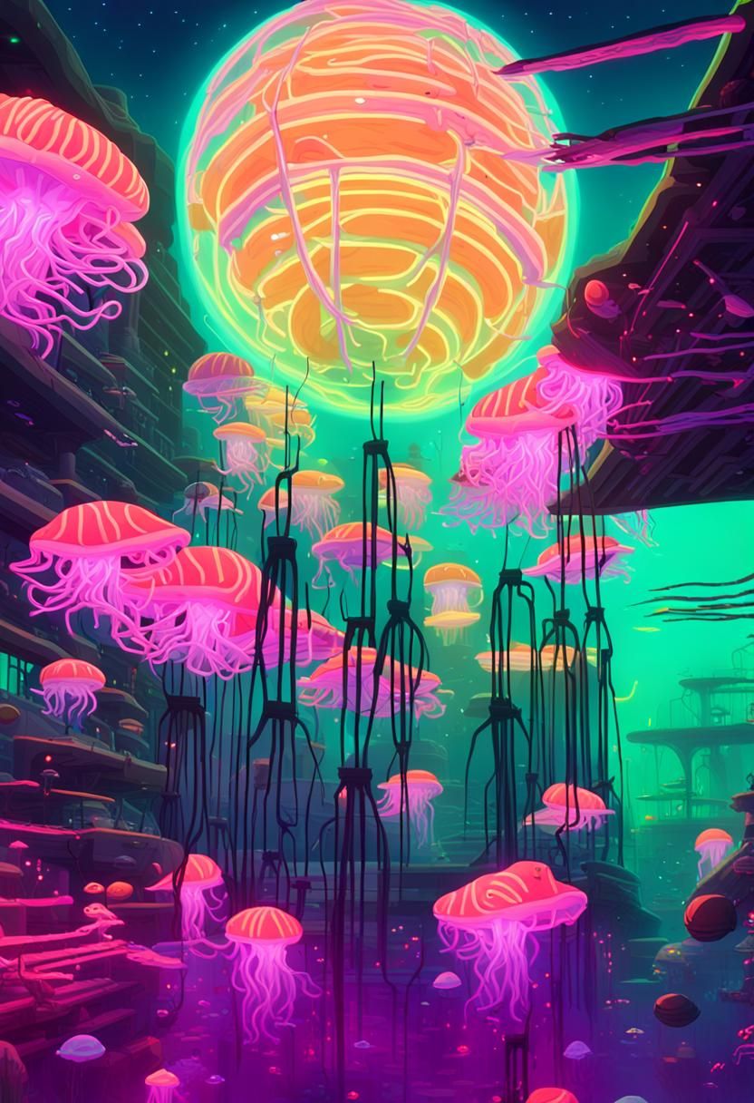 Synthwave Scuba Diver Exploring Underwater Neon City