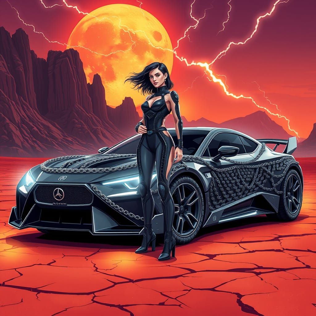 Cyberpunk Sentinel: Woman and Chain Vehicle in Desert
